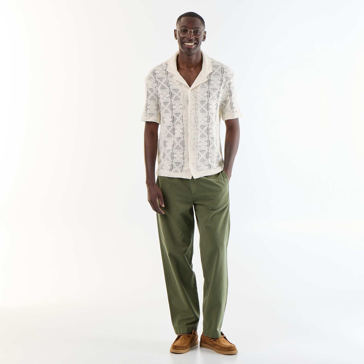 Short-sleeved openwork knit shirt WHITE