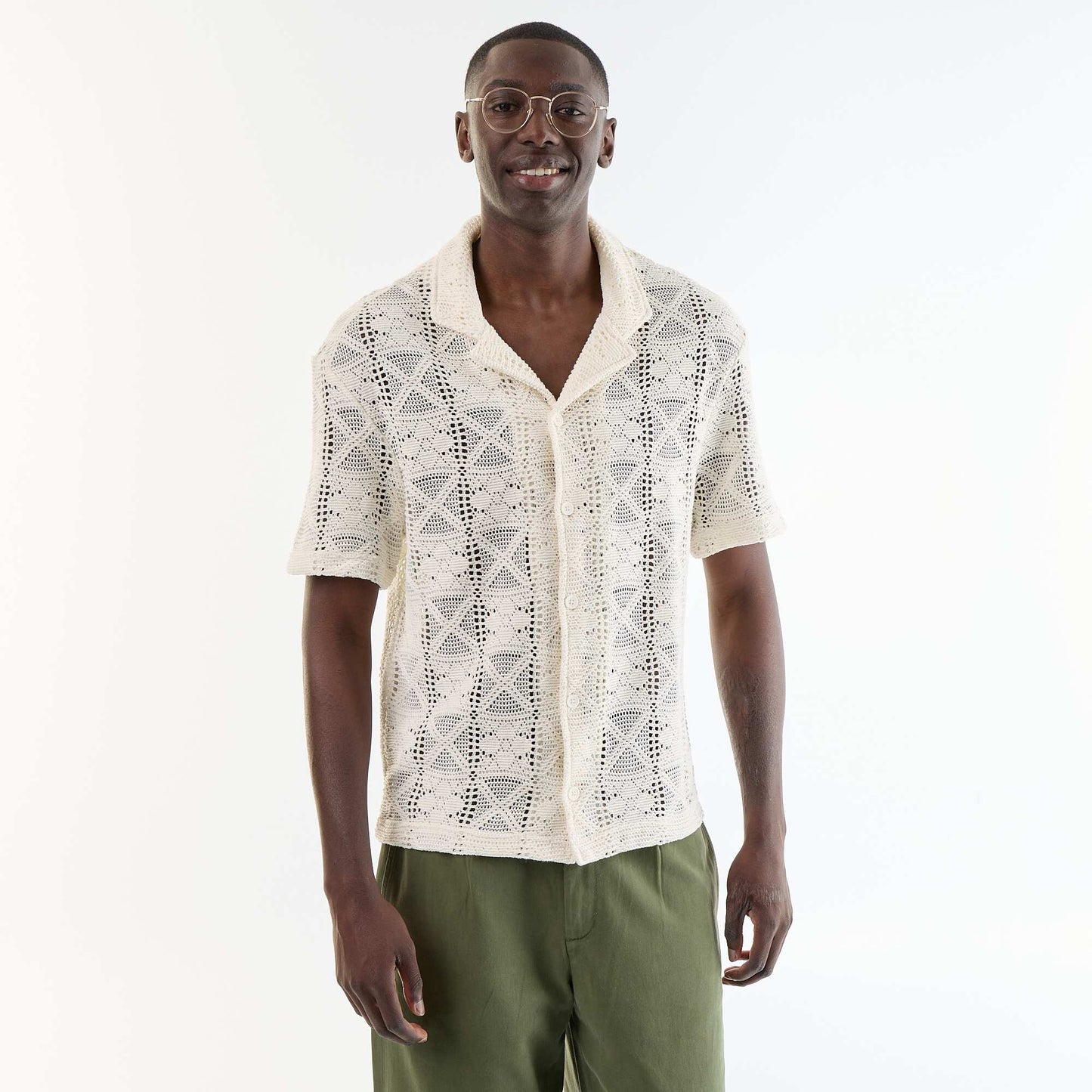 Short-sleeved openwork knit shirt WHITE