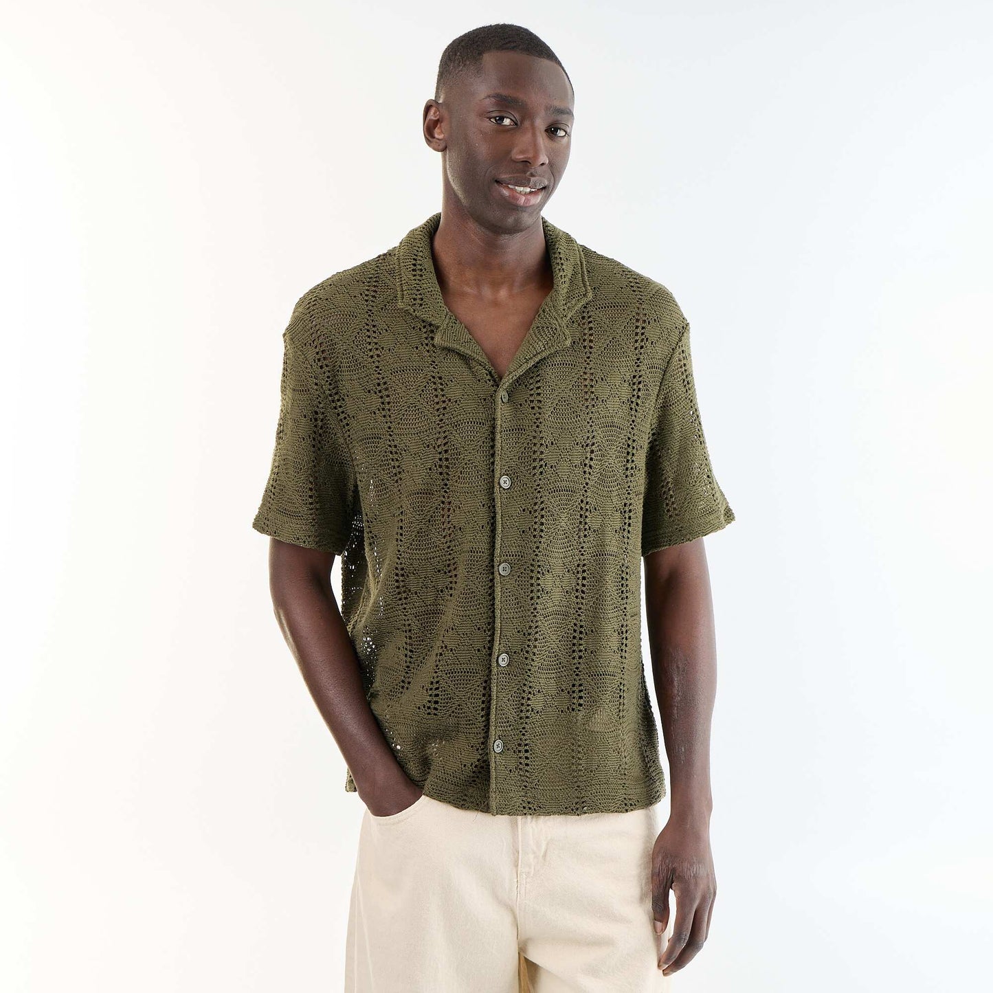 Short-sleeved openwork knit shirt KHAKI