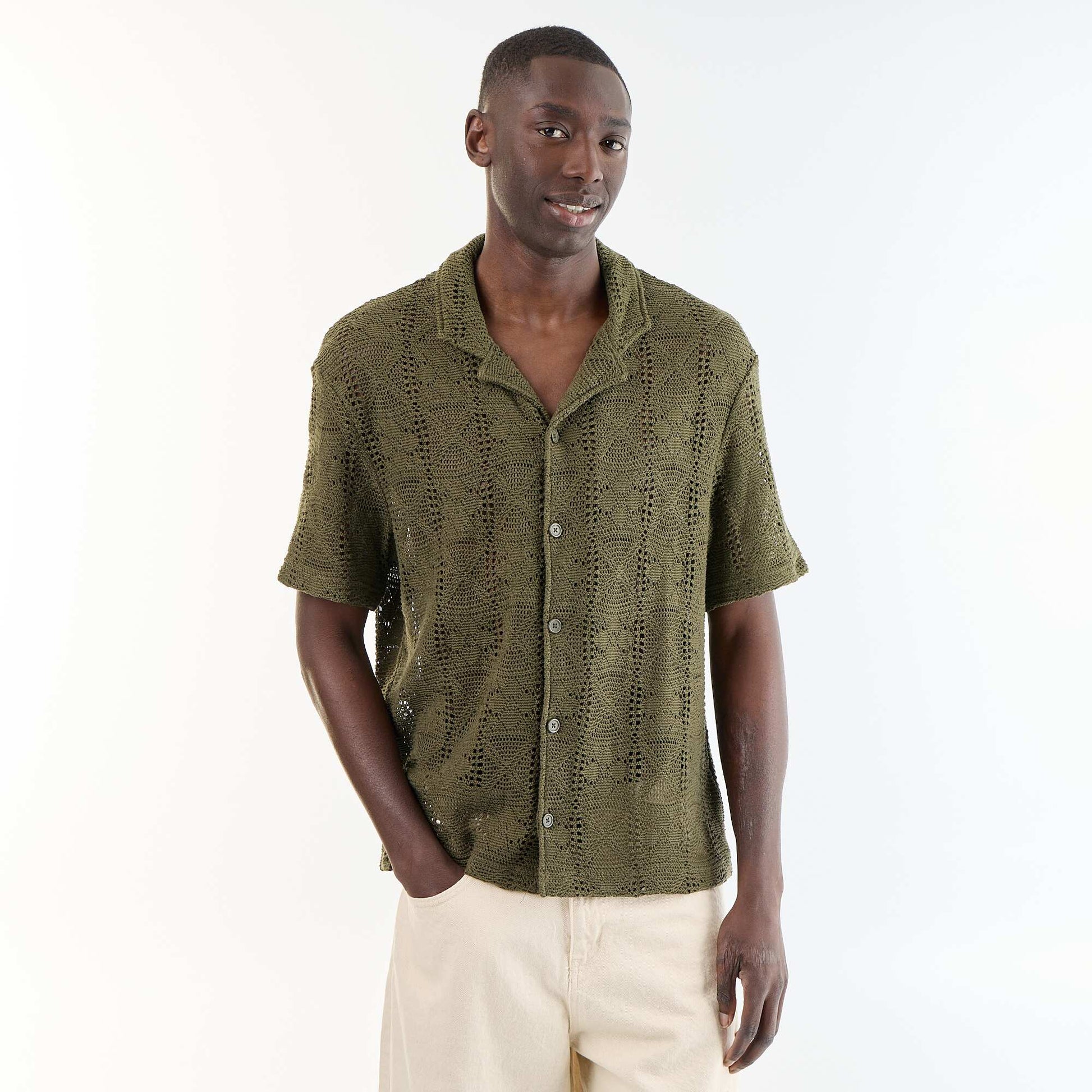Short-sleeved openwork knit shirt KHAKI