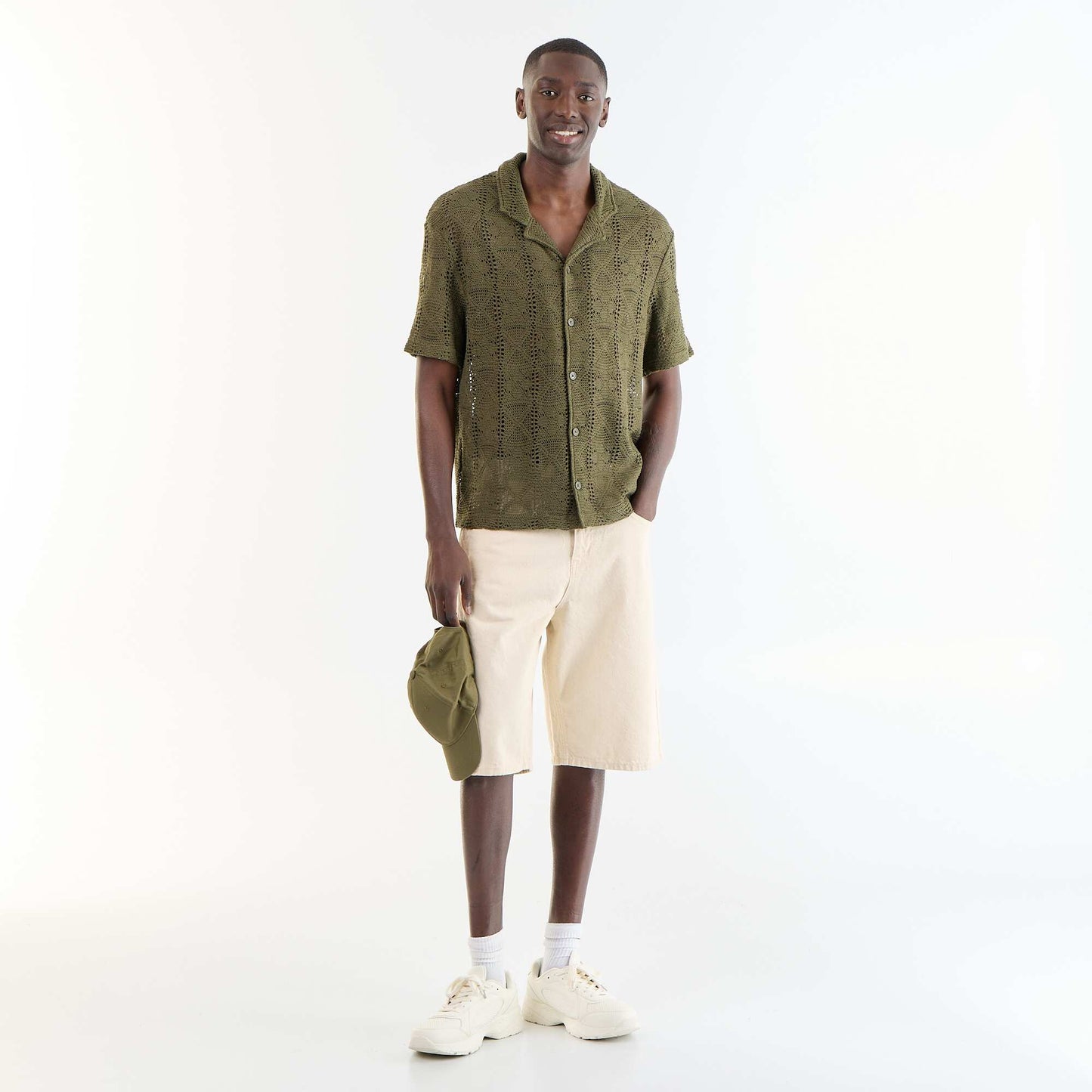 Short-sleeved openwork knit shirt KHAKI