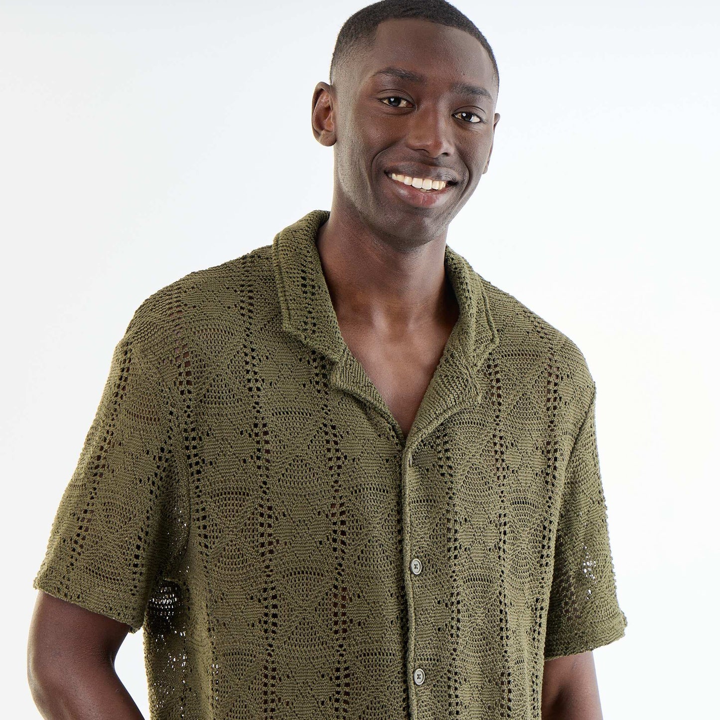 Short-sleeved openwork knit shirt KHAKI