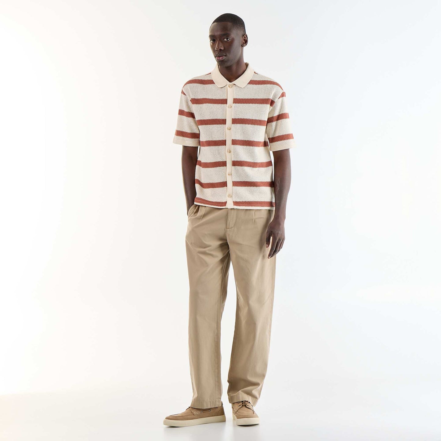 Short-sleeved openwork fabric shirt BEIGE