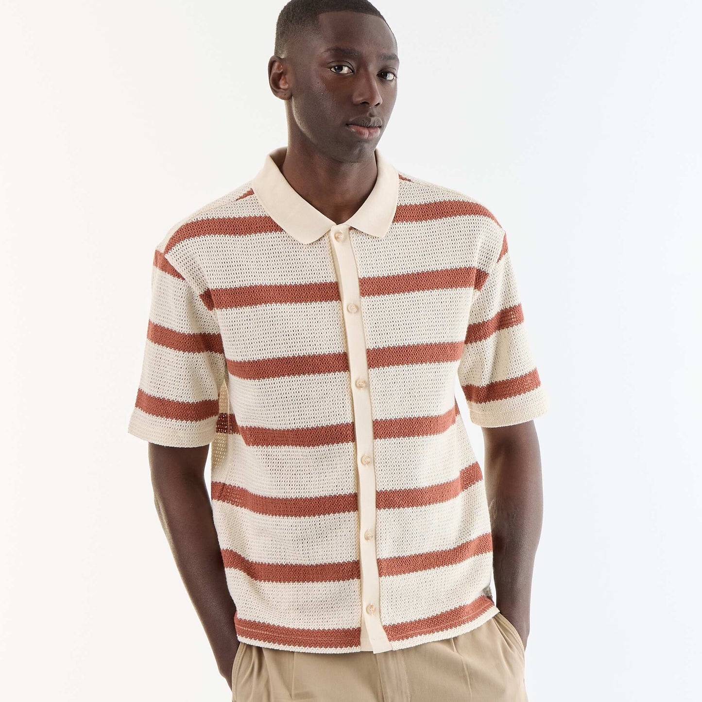 Short-sleeved openwork fabric shirt BEIGE