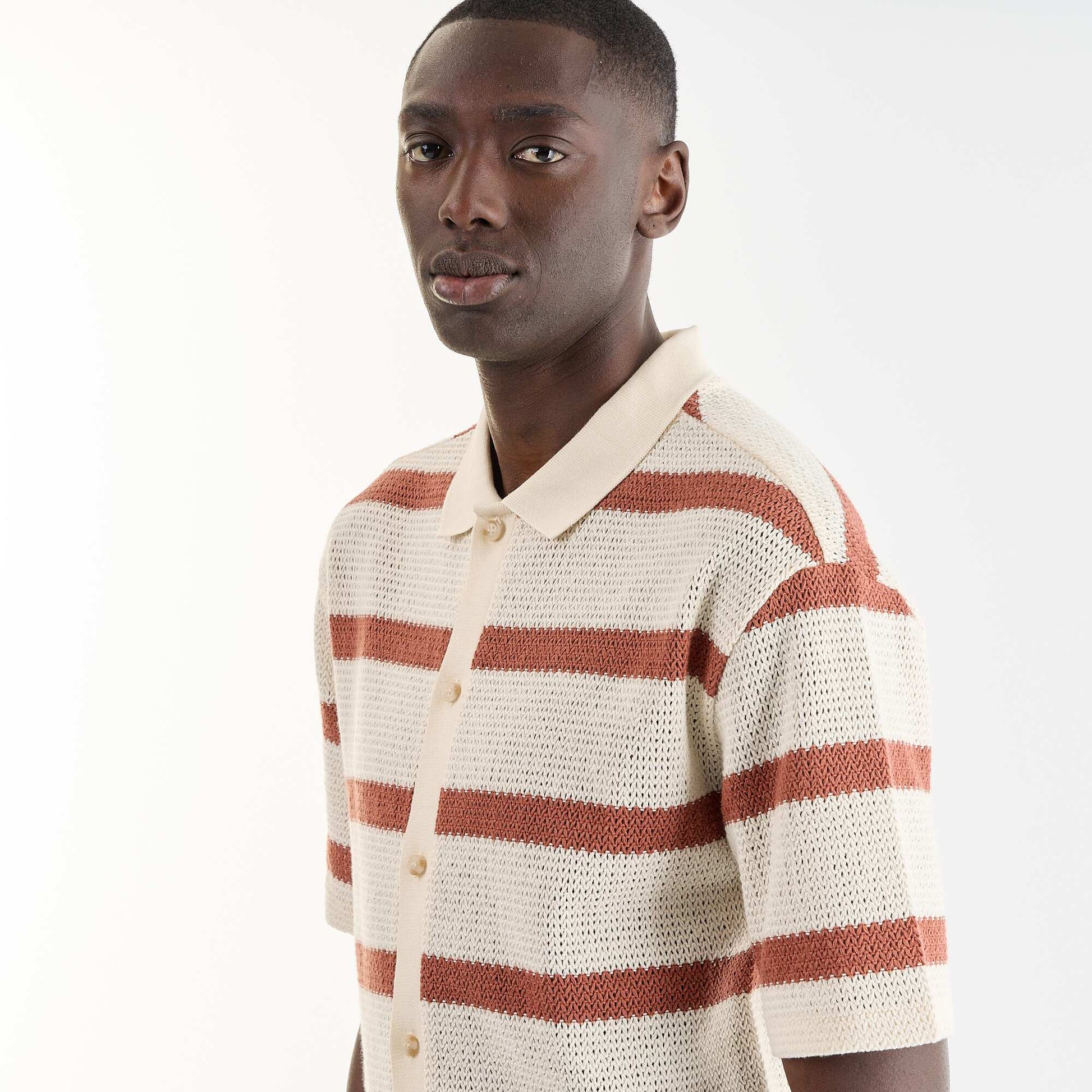 Short-sleeved openwork fabric shirt BEIGE