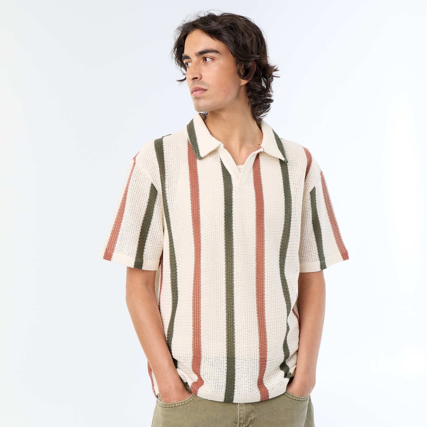 Short-sleeved openwork knit polo shirt BEIGE