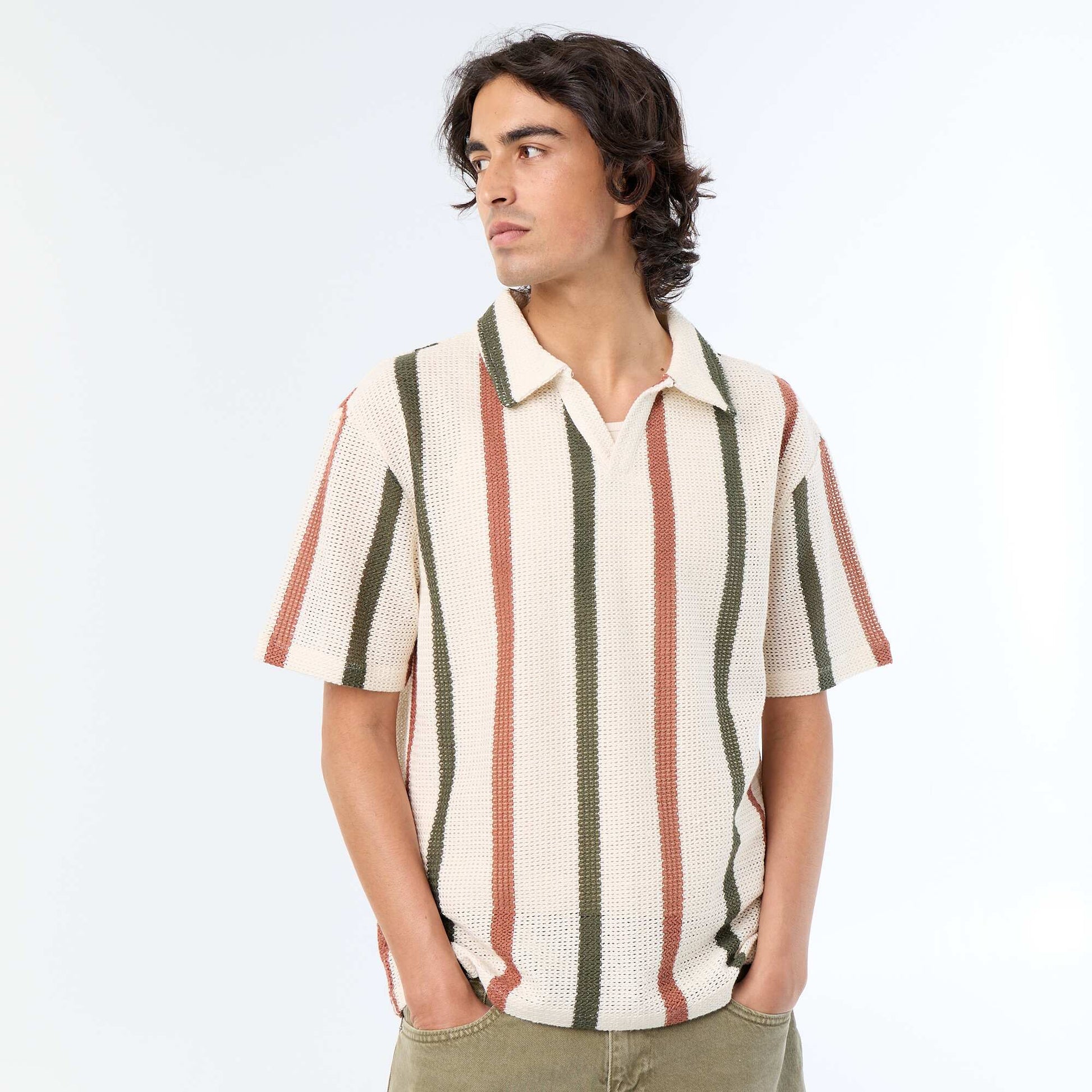 Short-sleeved openwork knit polo shirt BEIGE