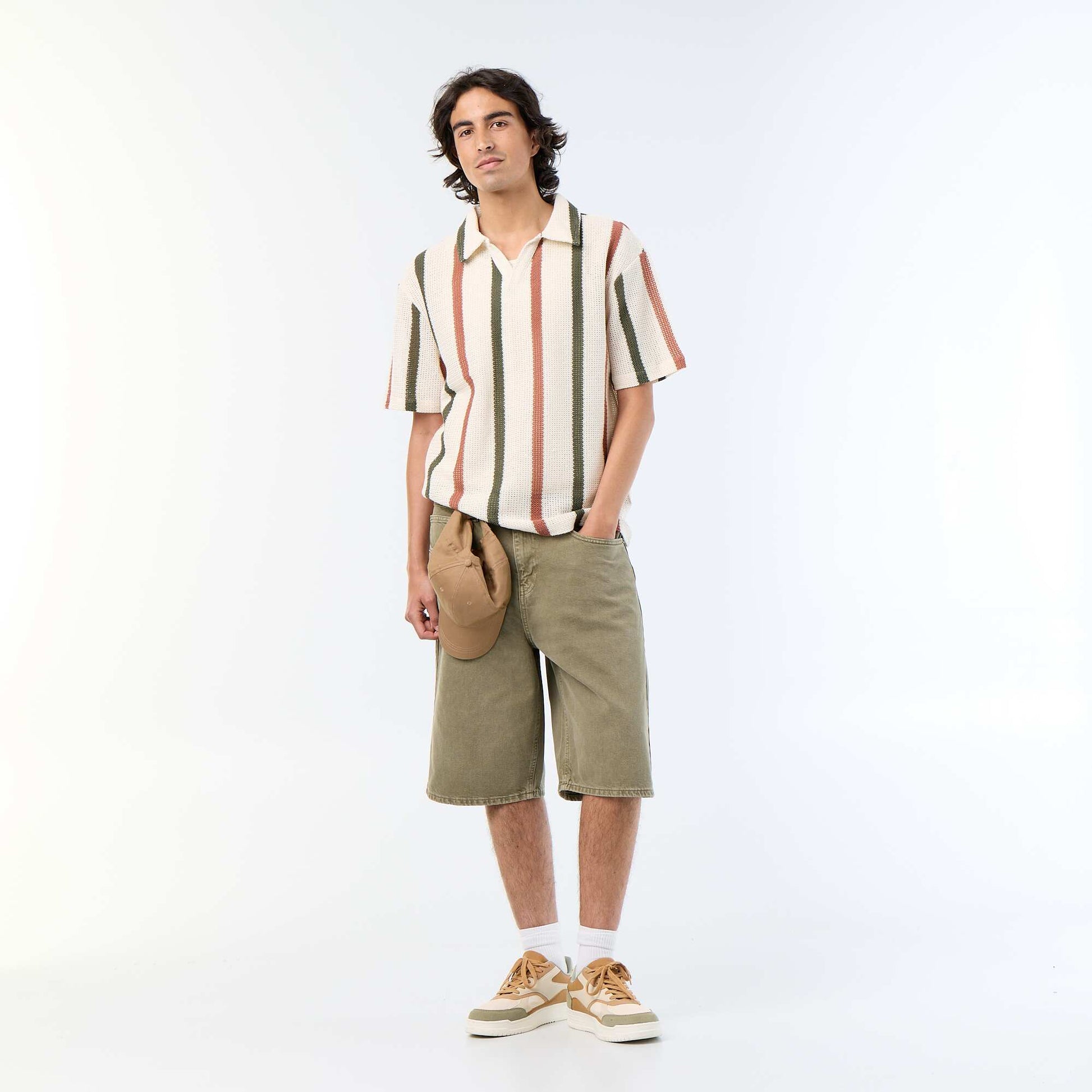 Short-sleeved openwork knit polo shirt BEIGE
