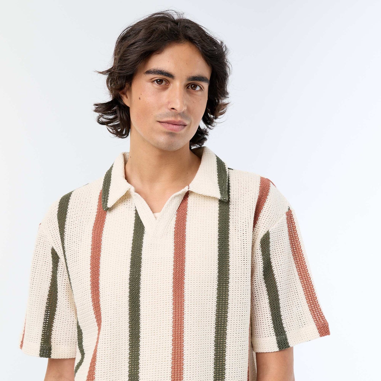 Short-sleeved openwork knit polo shirt BEIGE