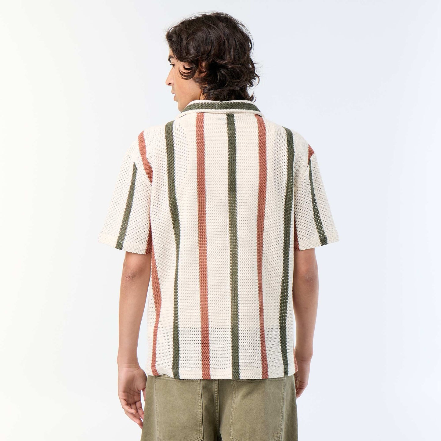 Short-sleeved openwork knit polo shirt BEIGE
