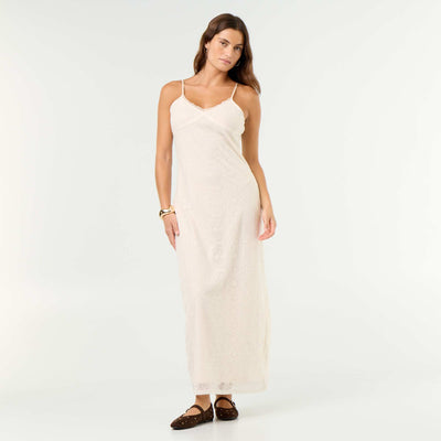 Long lace dress with thin straps BEIGE
