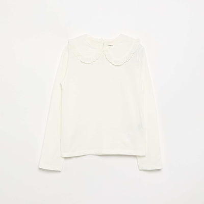 Long-sleeved T-shirt with broderie anglaise collar WHITE