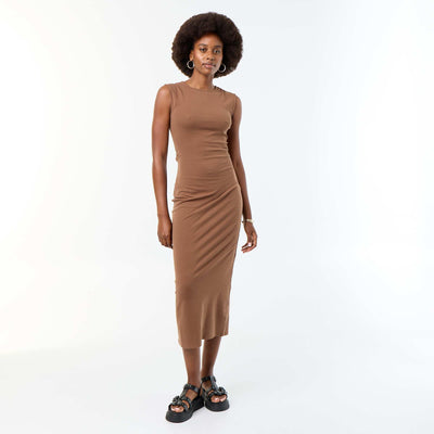 Long Dress with Open Back and Jeweled Detail BROWN