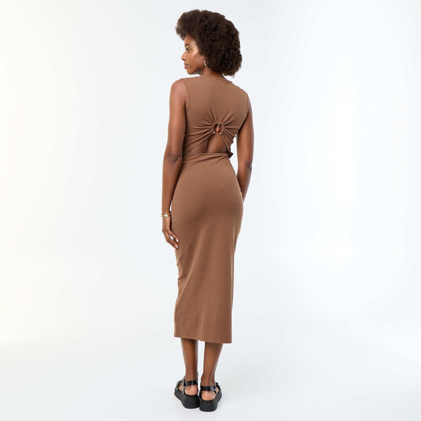 Long Dress with Open Back and Jeweled Detail BROWN