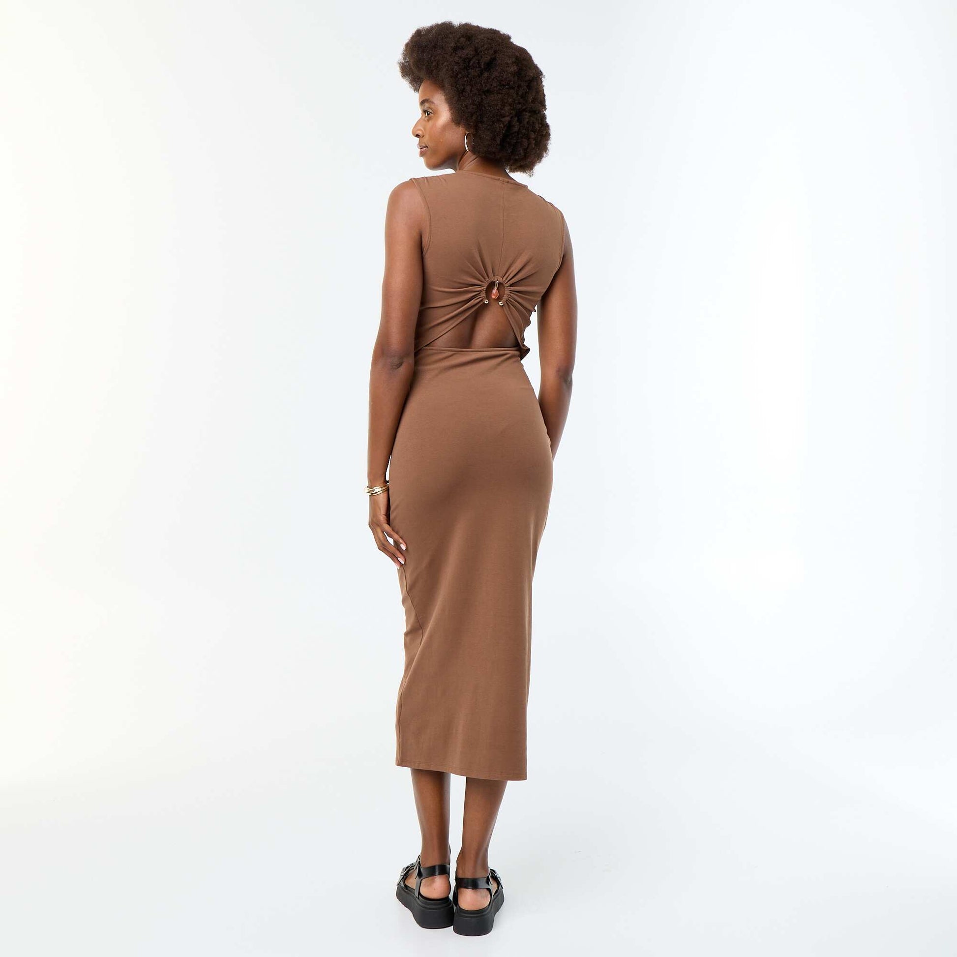 Long Dress with Open Back and Jeweled Detail BROWN