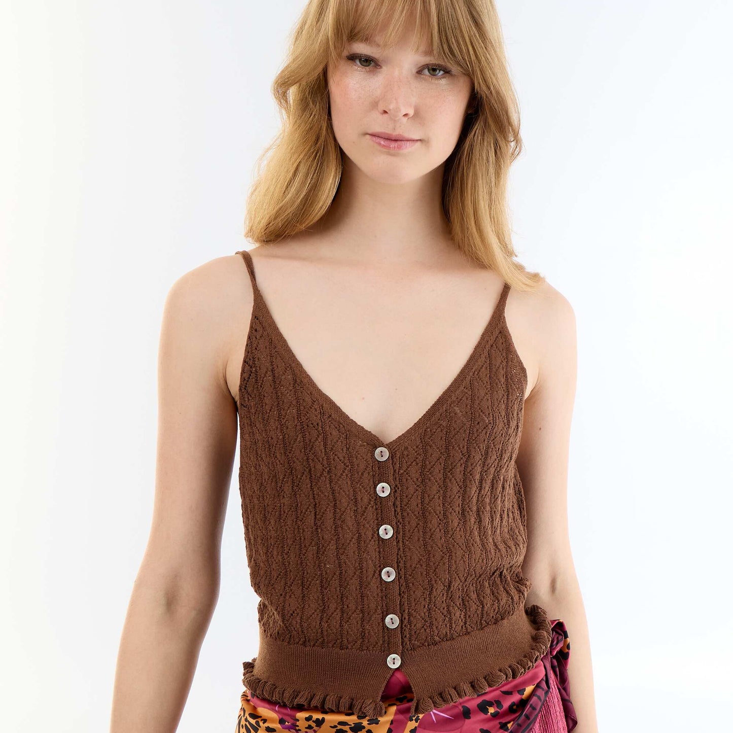Crochet knit tank top BROWN