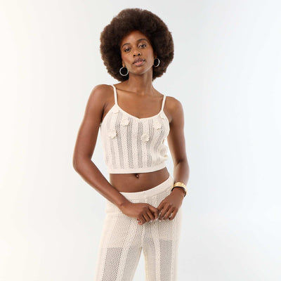 Crocheted tank top with embroidered flowers BEIGE