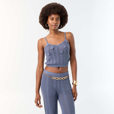 Crocheted tank top with embroidered flowers GREY
