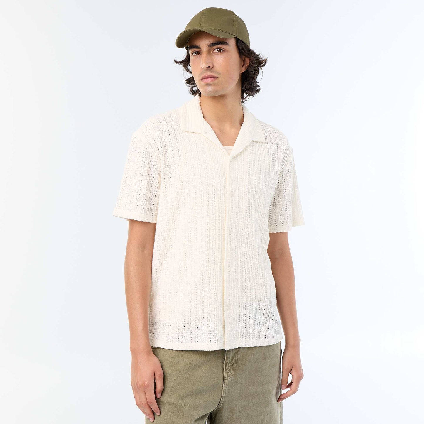 Short-sleeved Openwork Knit Shirt WHITE