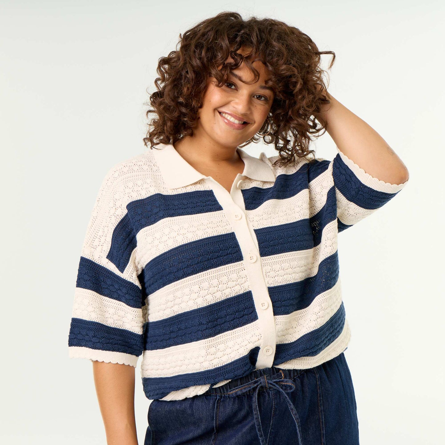 Crochet Knit Short-Sleeved Shirt BEIGE