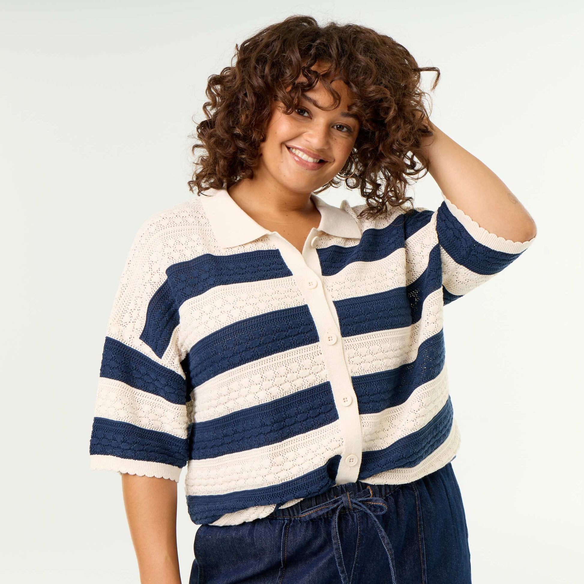Crochet Knit Short-Sleeved Shirt BEIGE