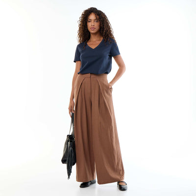 Linen blend wide leg pants BROWN