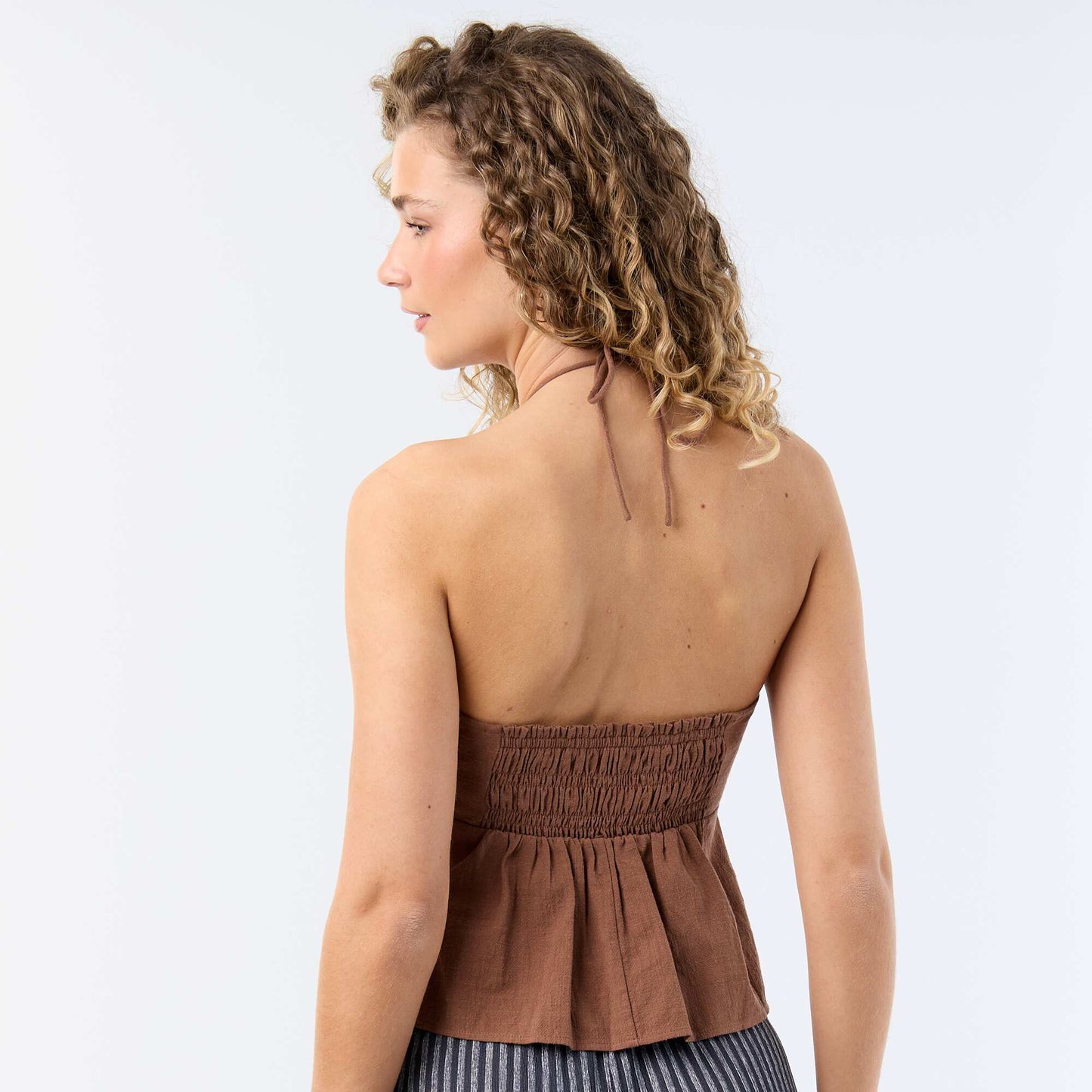 Linen blend crop top with pearls BROWN