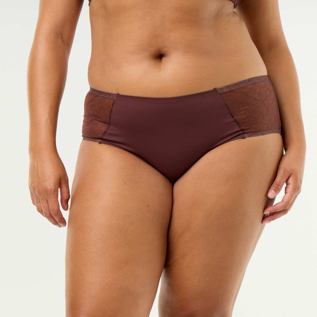 High-waisted microfiber briefs with lace BROWN
