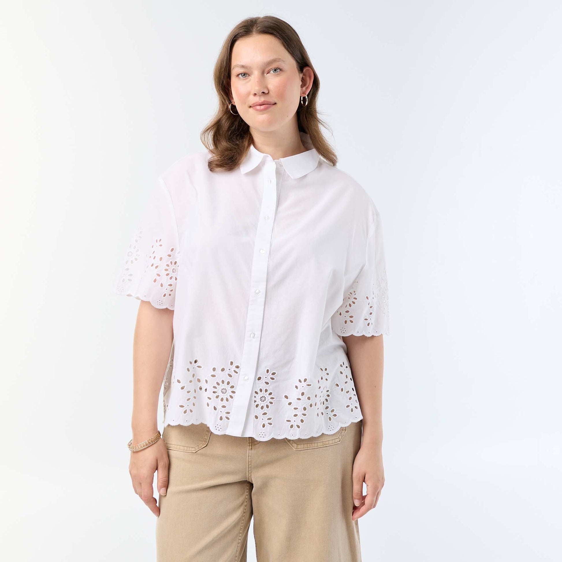 Short-sleeved blouse with openwork embroidery WHITE