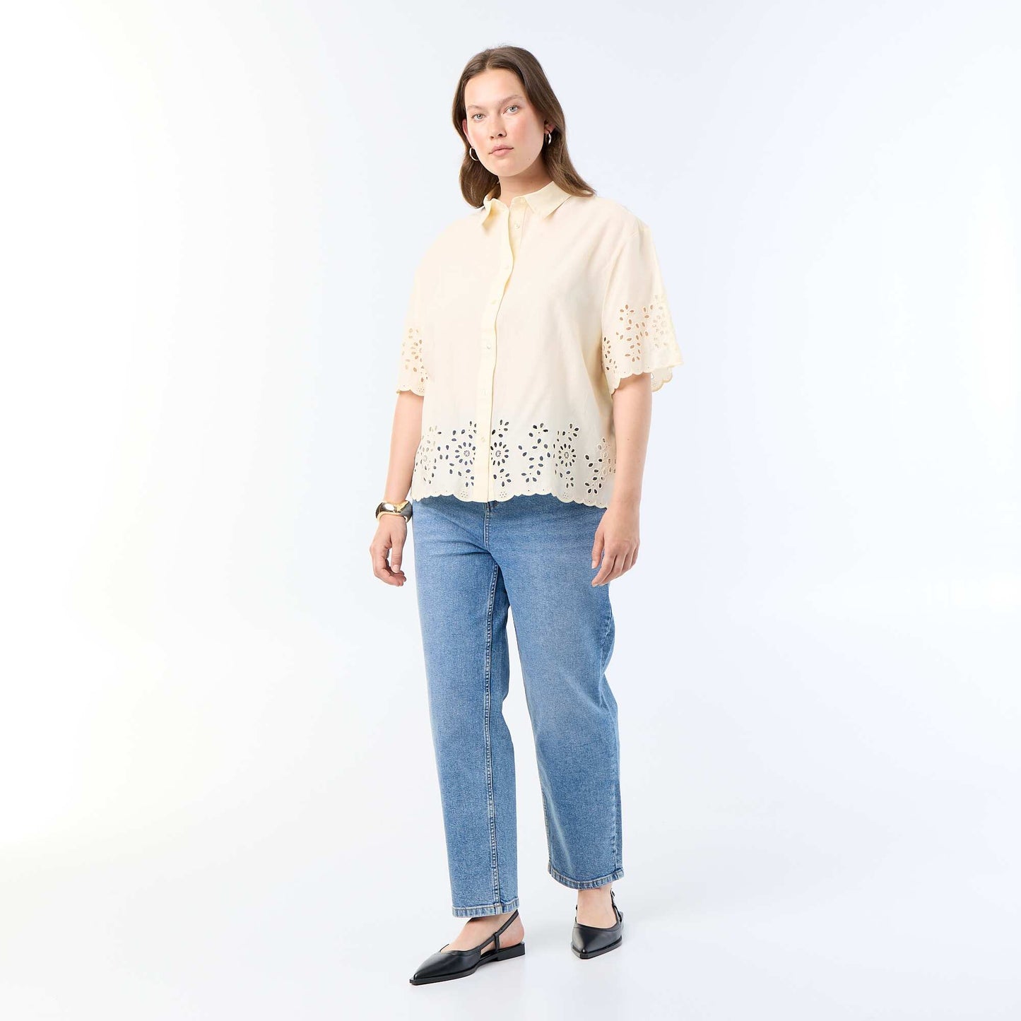 Short-sleeved blouse with openwork embroidery YELLOW