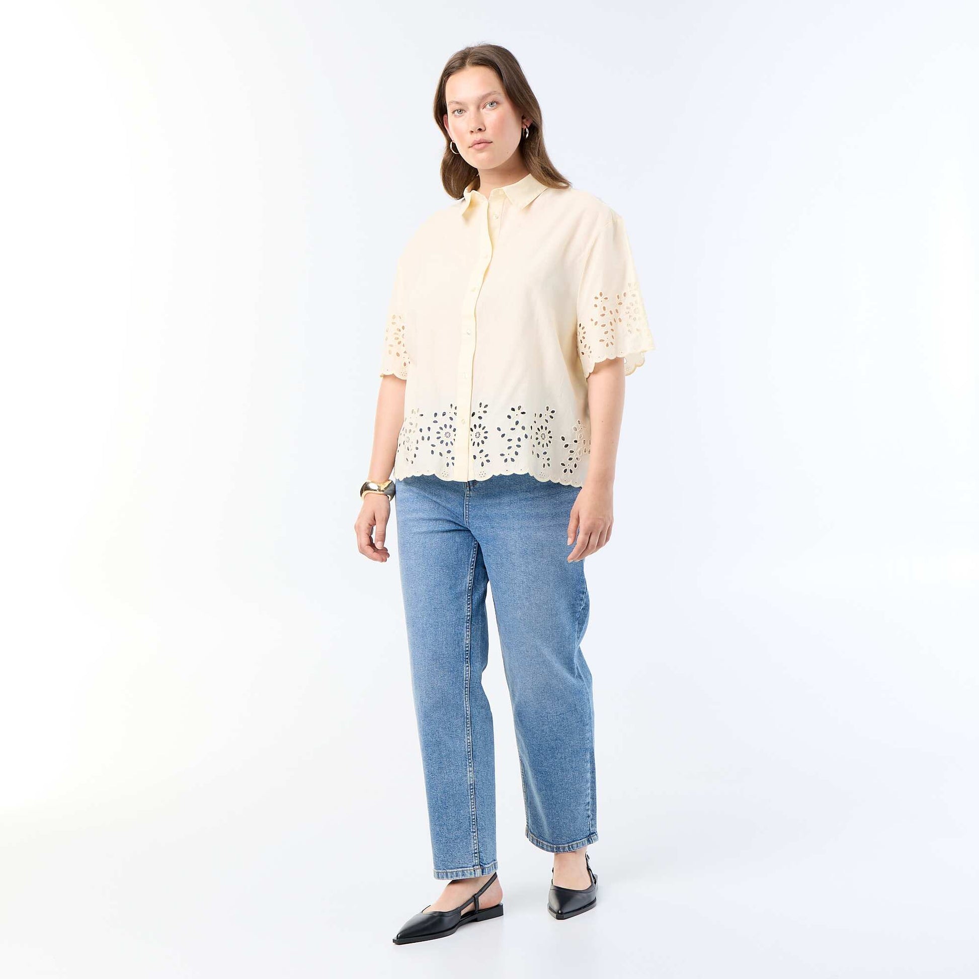 Short-sleeved blouse with openwork embroidery YELLOW