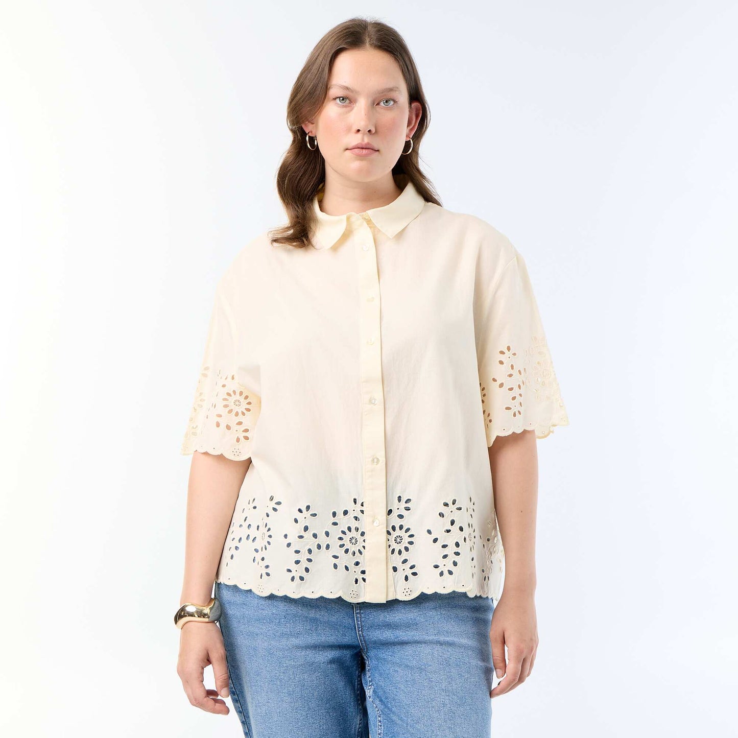 Short-sleeved blouse with openwork embroidery YELLOW