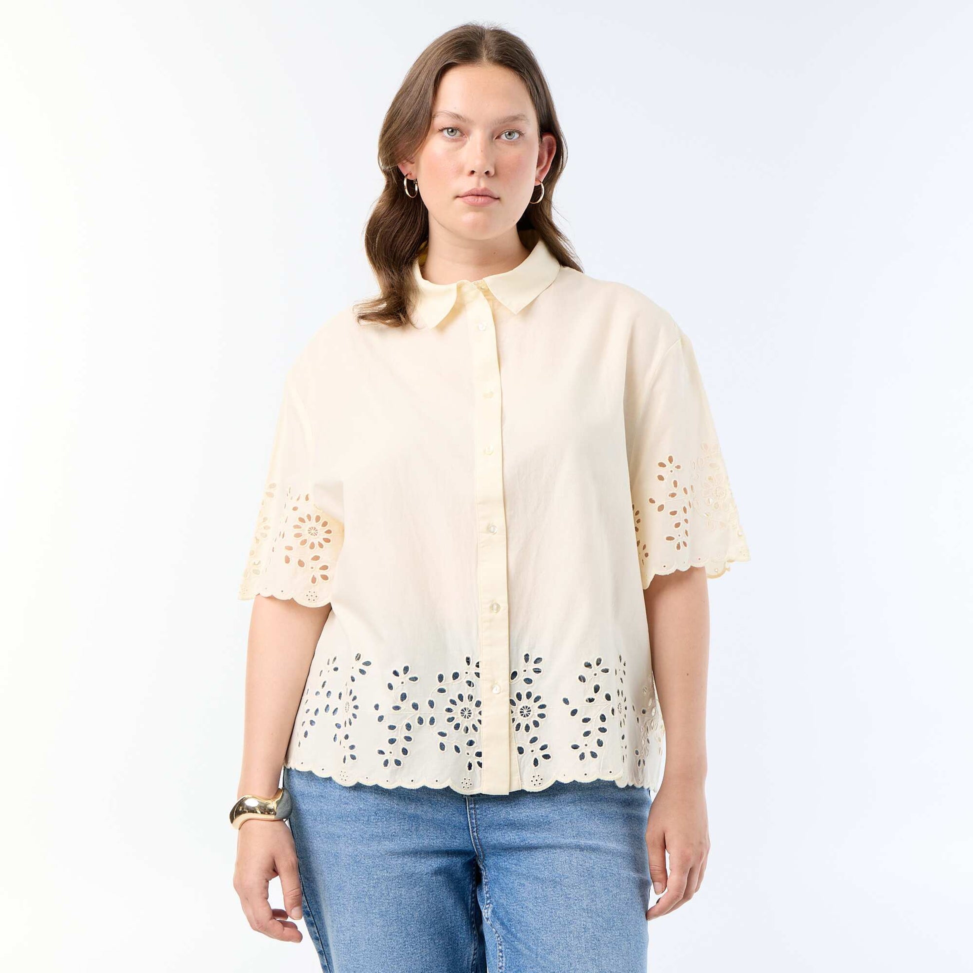 Short-sleeved blouse with openwork embroidery YELLOW