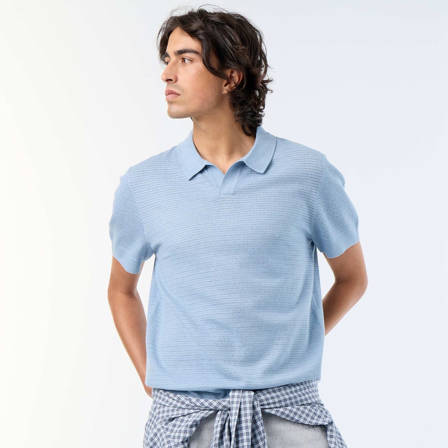 Short-sleeved openwork knit polo shirt BLUE