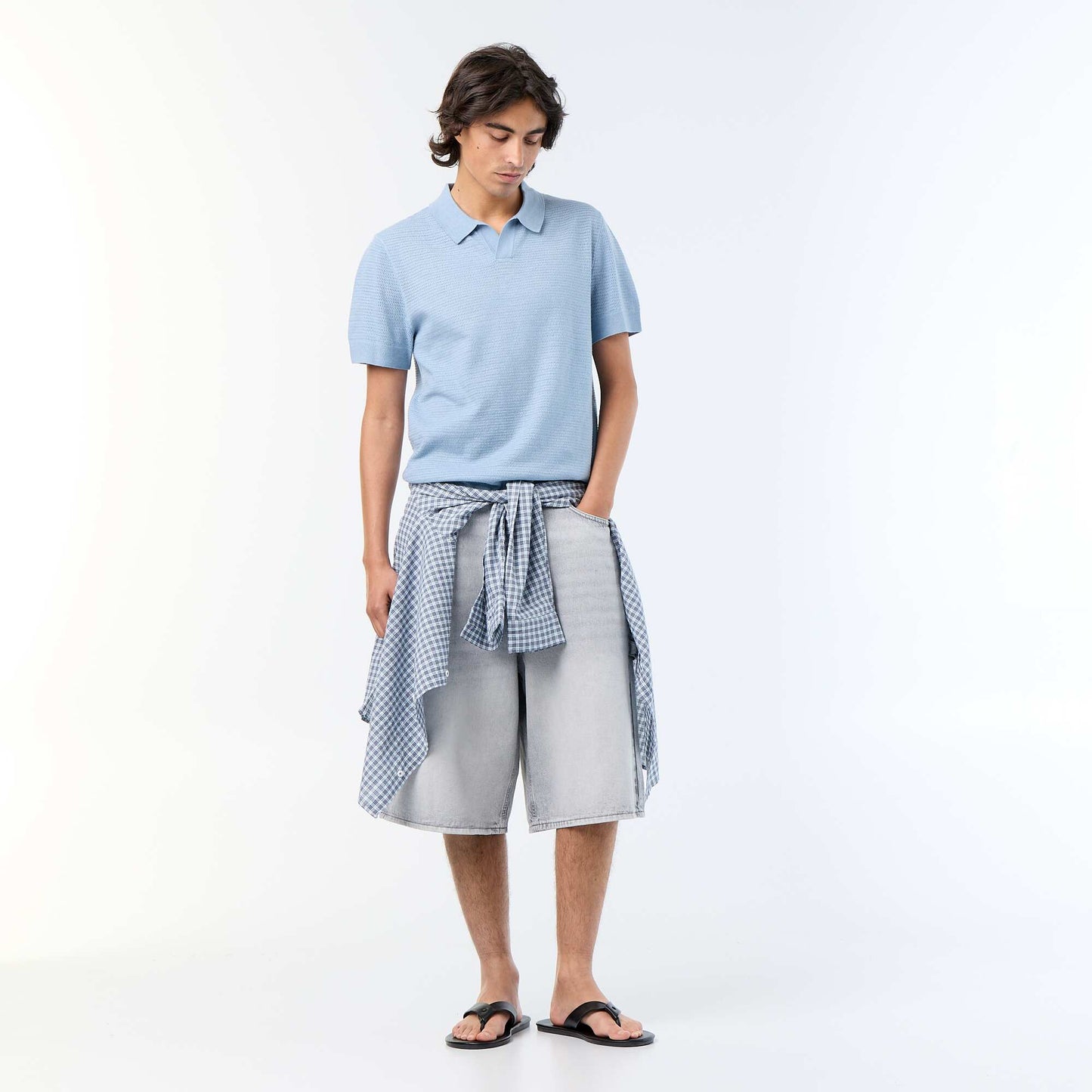 Short-sleeved openwork knit polo shirt BLUE