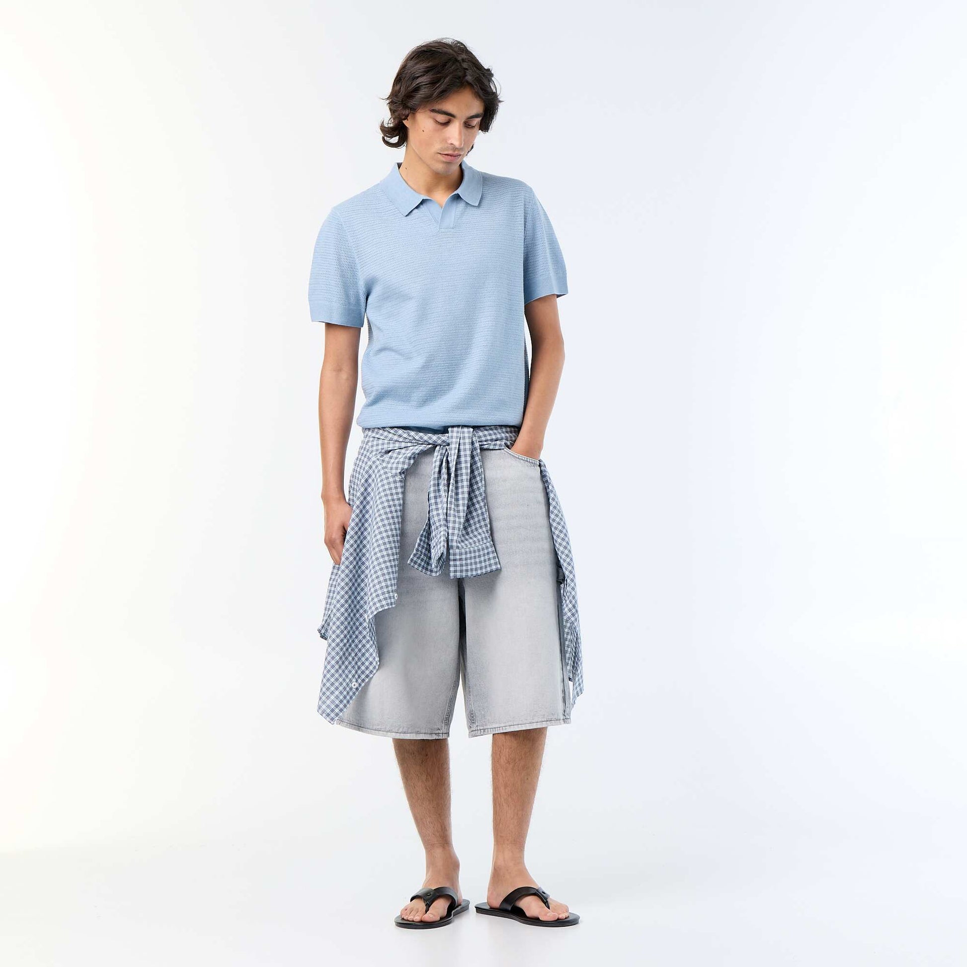 Short-sleeved openwork knit polo shirt BLUE