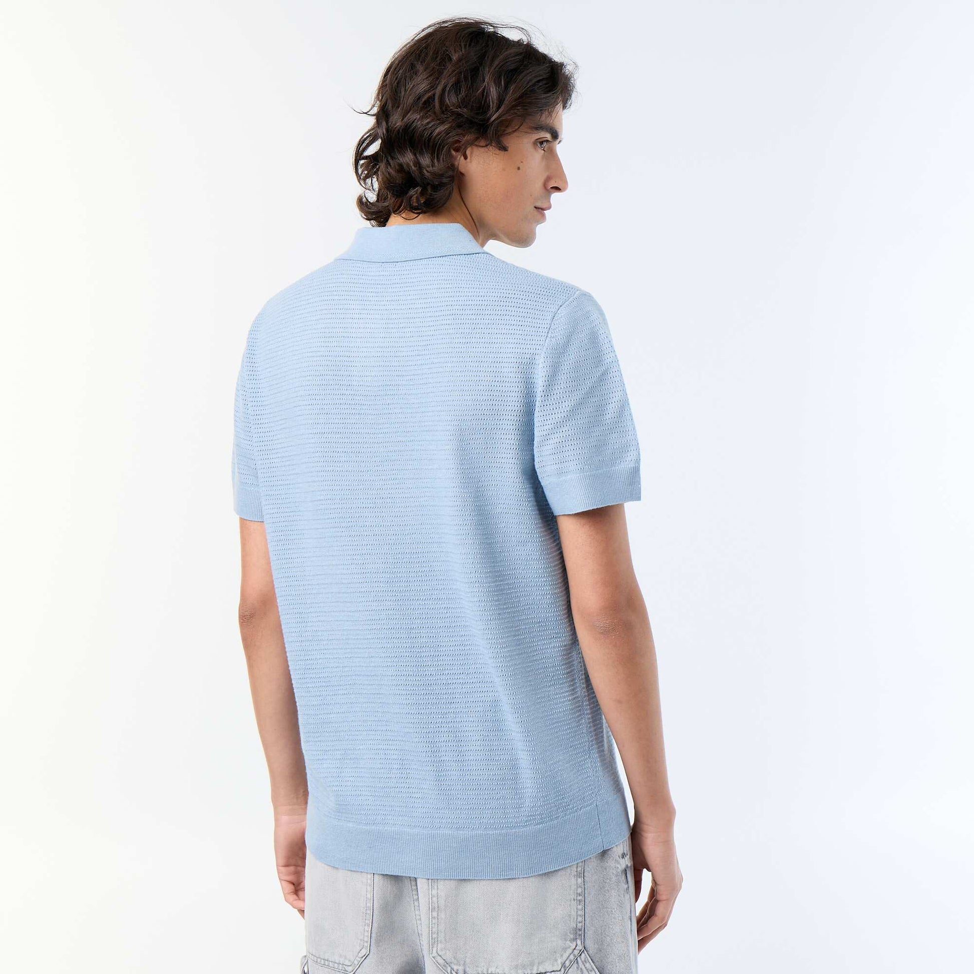 Short-sleeved openwork knit polo shirt BLUE