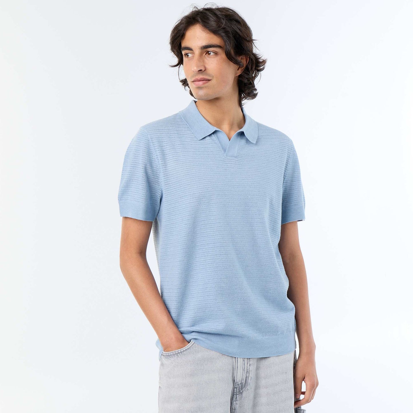 Short-sleeved openwork knit polo shirt BLUE