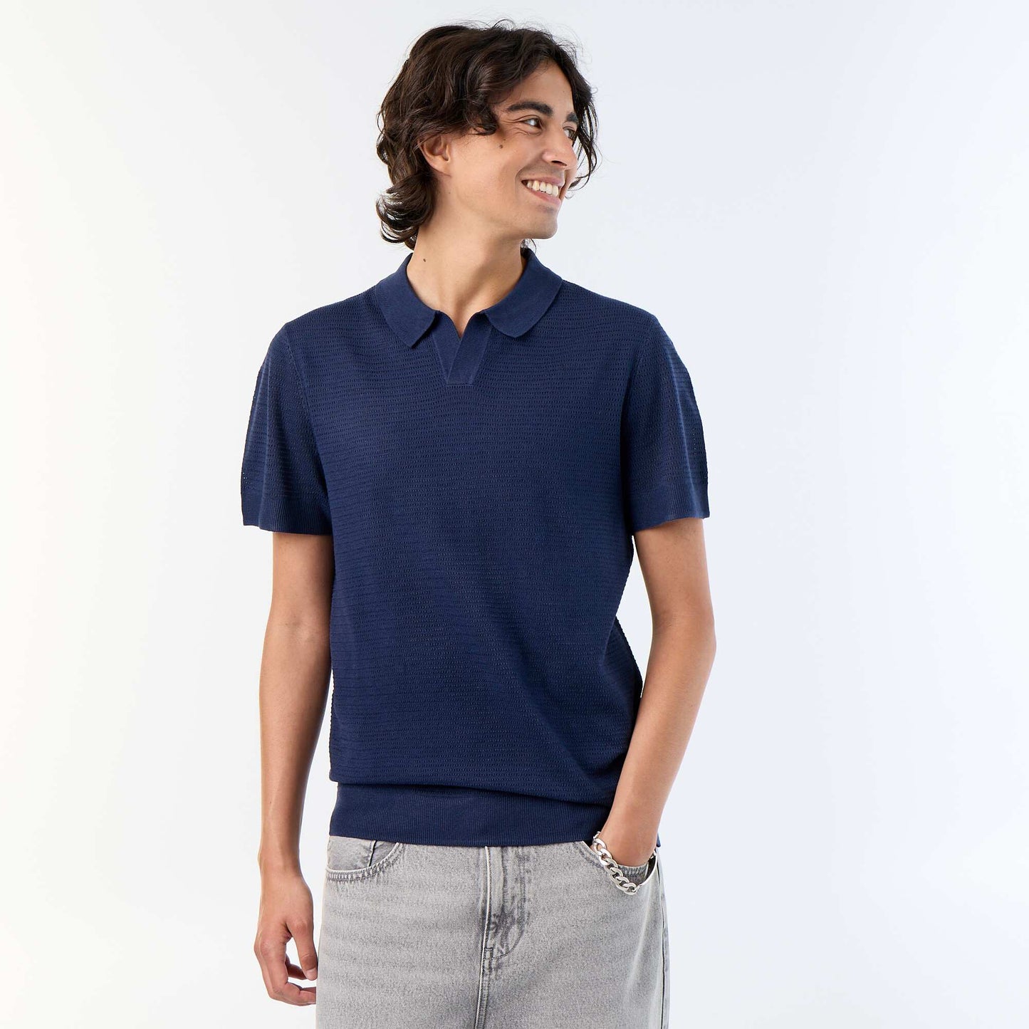 Short-sleeved openwork knit polo shirt BLACK