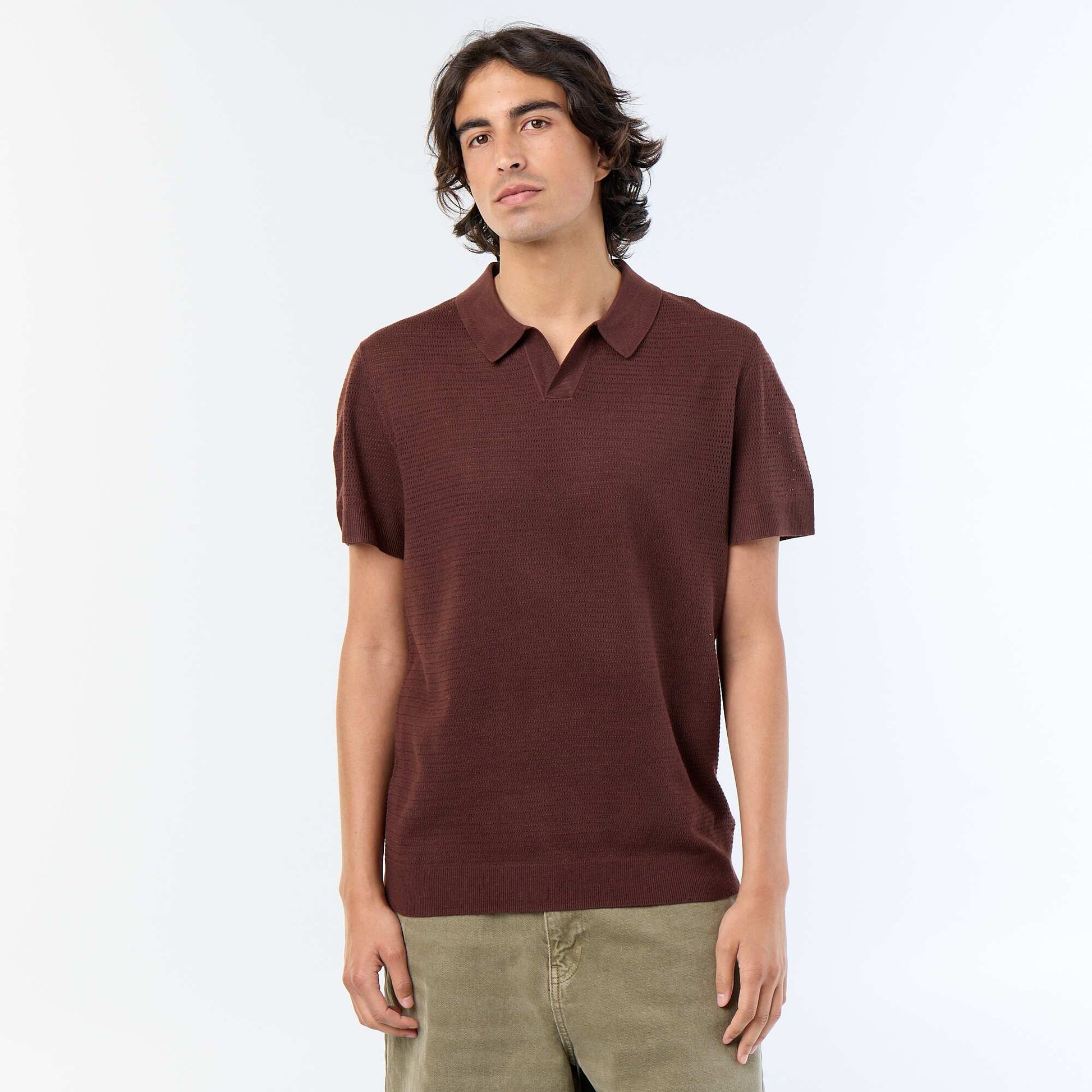 Short-sleeved openwork knit polo shirt BROWN