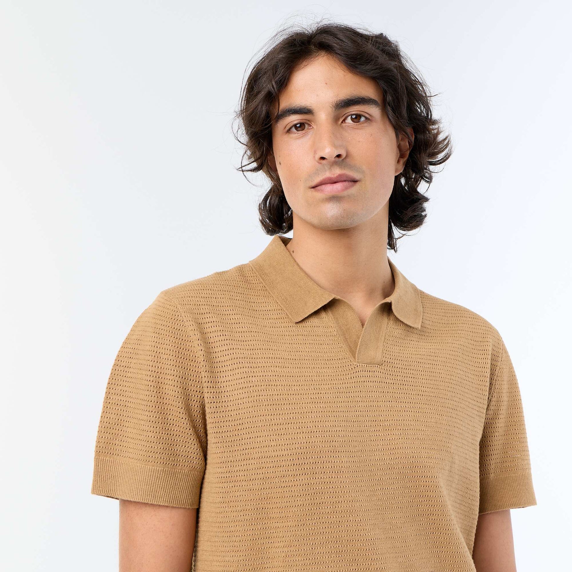 Short-sleeved openwork knit polo shirt BEIGE