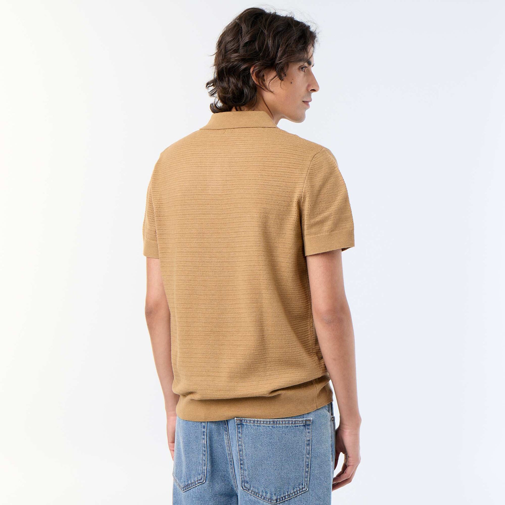 Short-sleeved openwork knit polo shirt BEIGE