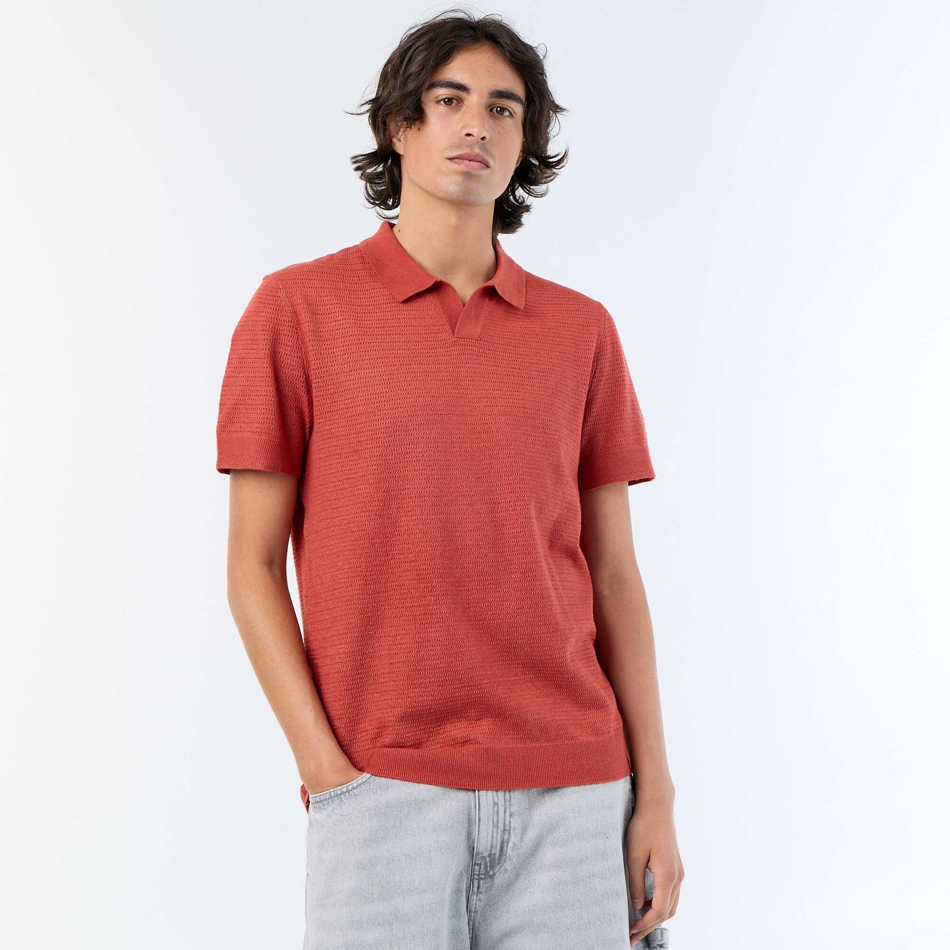 Short-sleeved openwork knit polo shirt BROWN