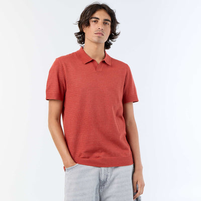 Short-sleeved openwork knit polo shirt BROWN