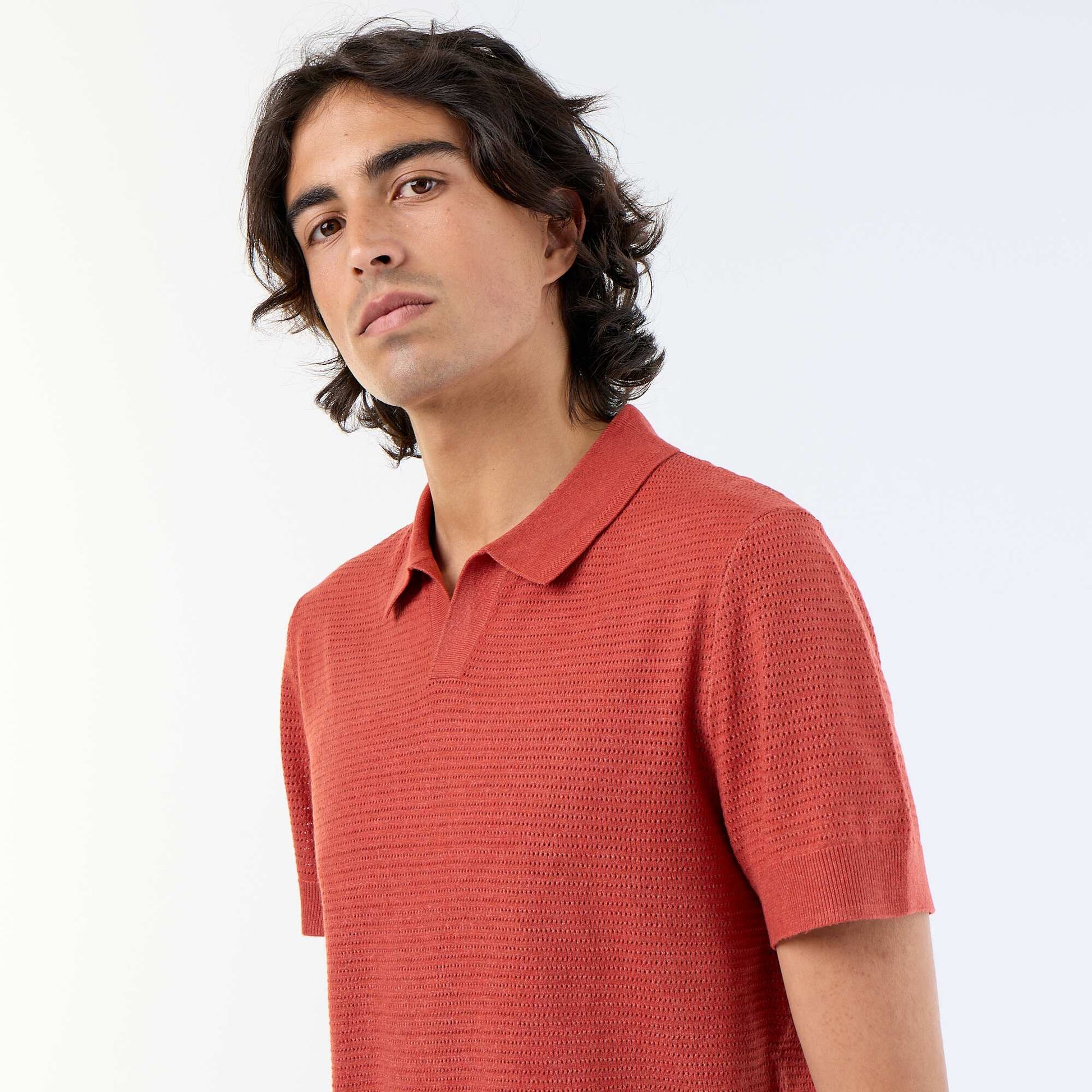 Short-sleeved openwork knit polo shirt BROWN