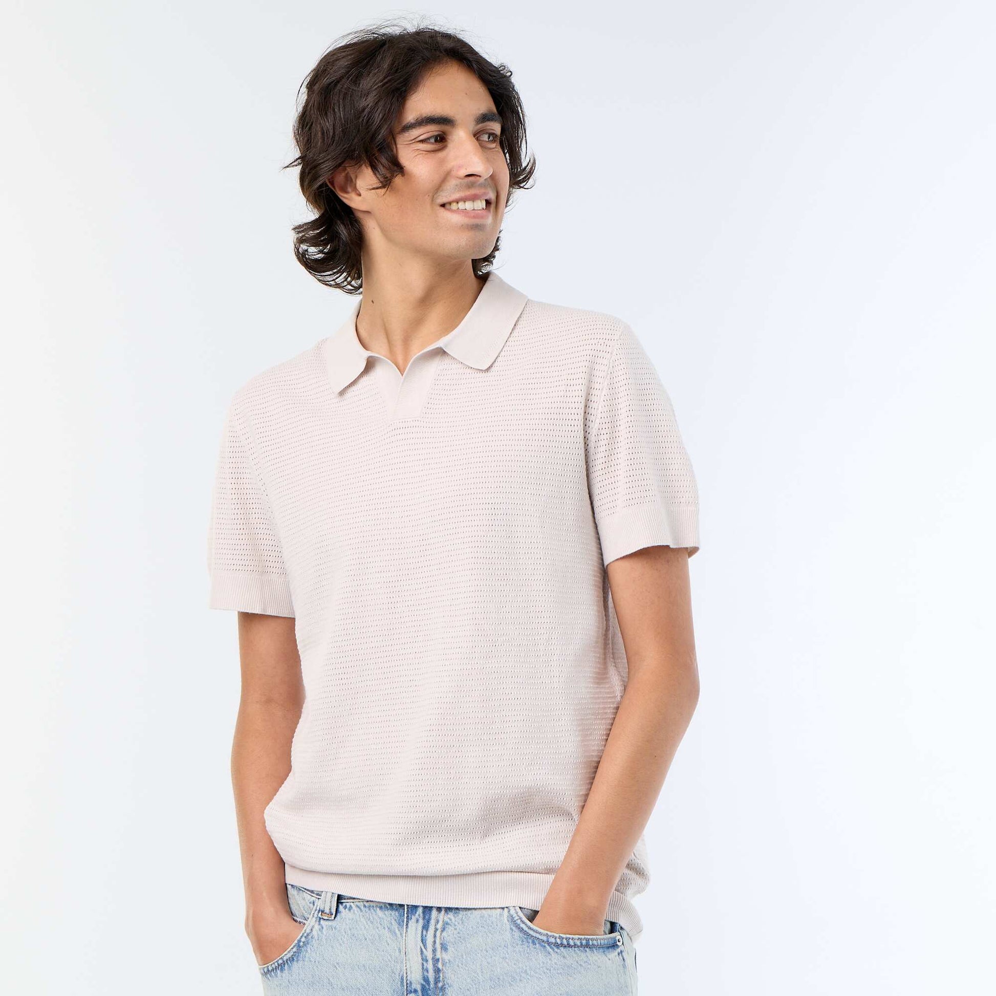 Short-sleeved openwork knit polo shirt GREY