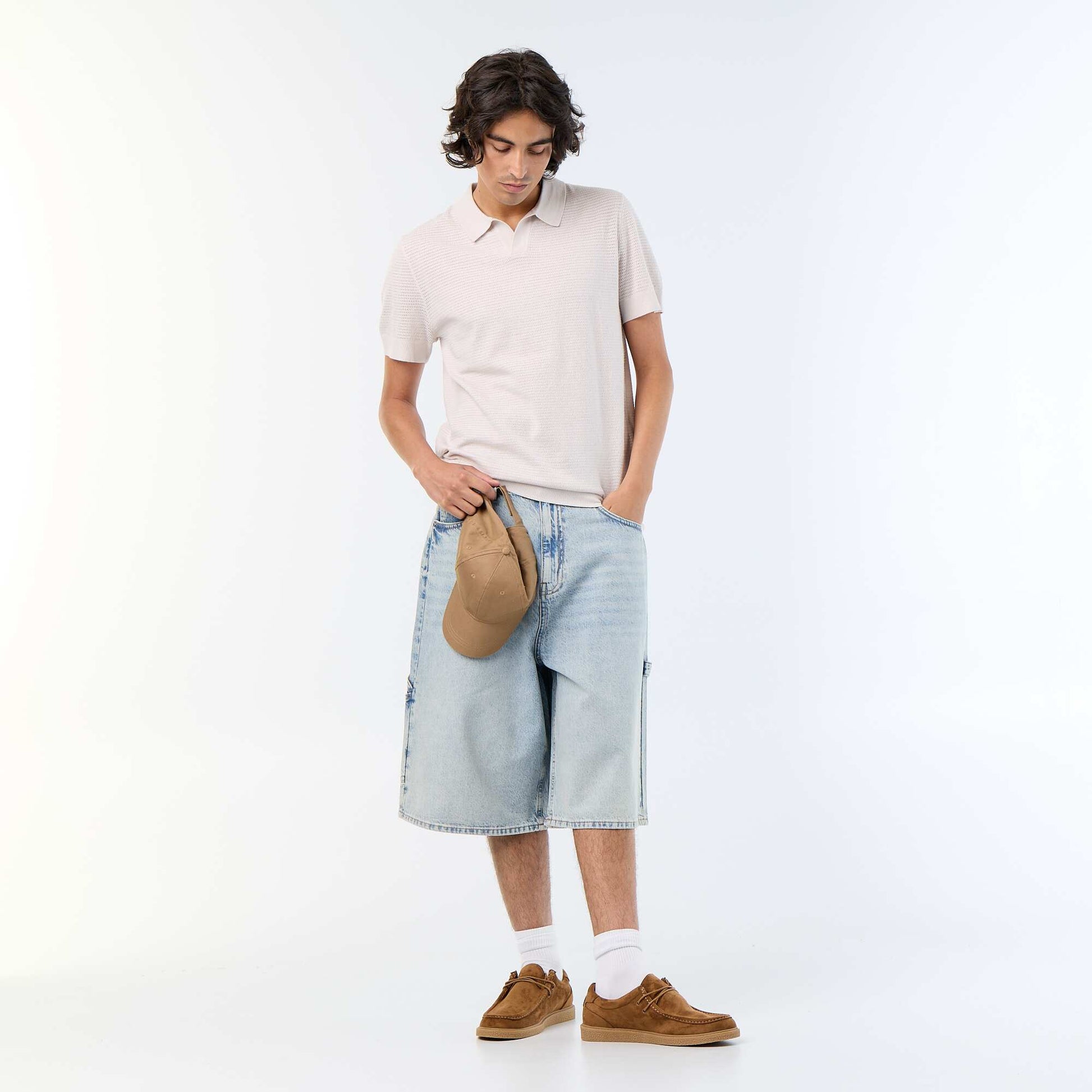 Short-sleeved openwork knit polo shirt GREY