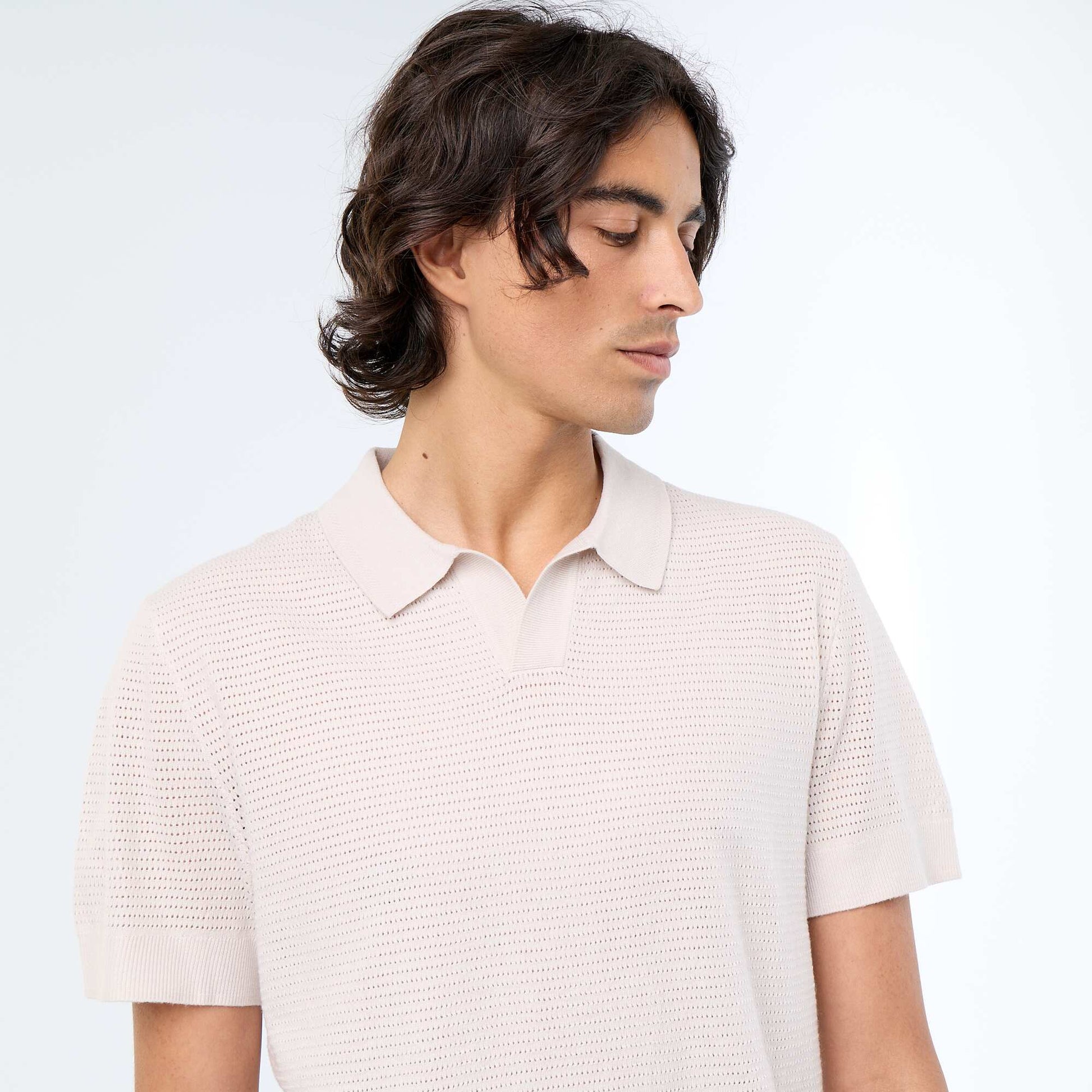 Short-sleeved openwork knit polo shirt GREY