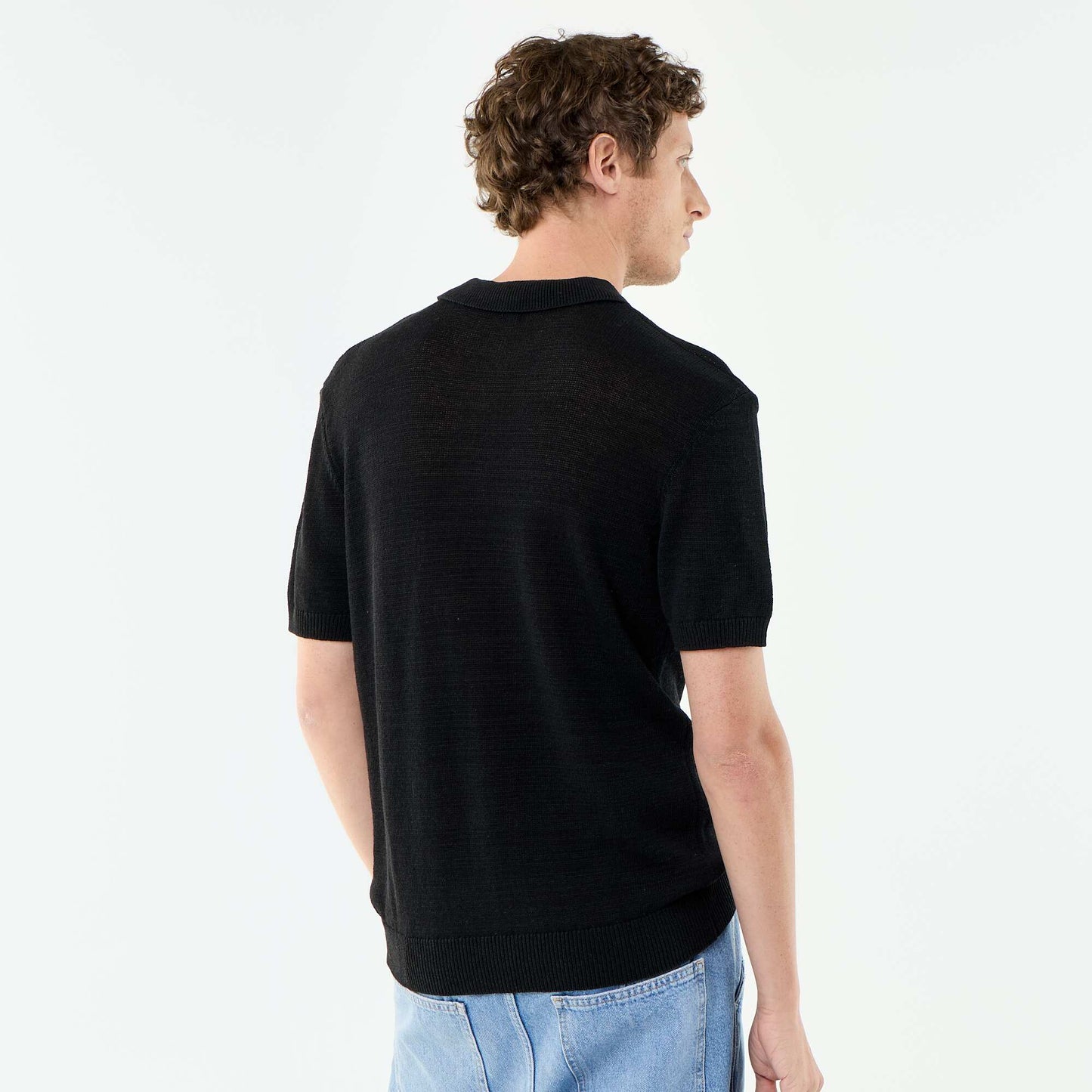 Short-sleeved openwork knit polo shirt BLACK