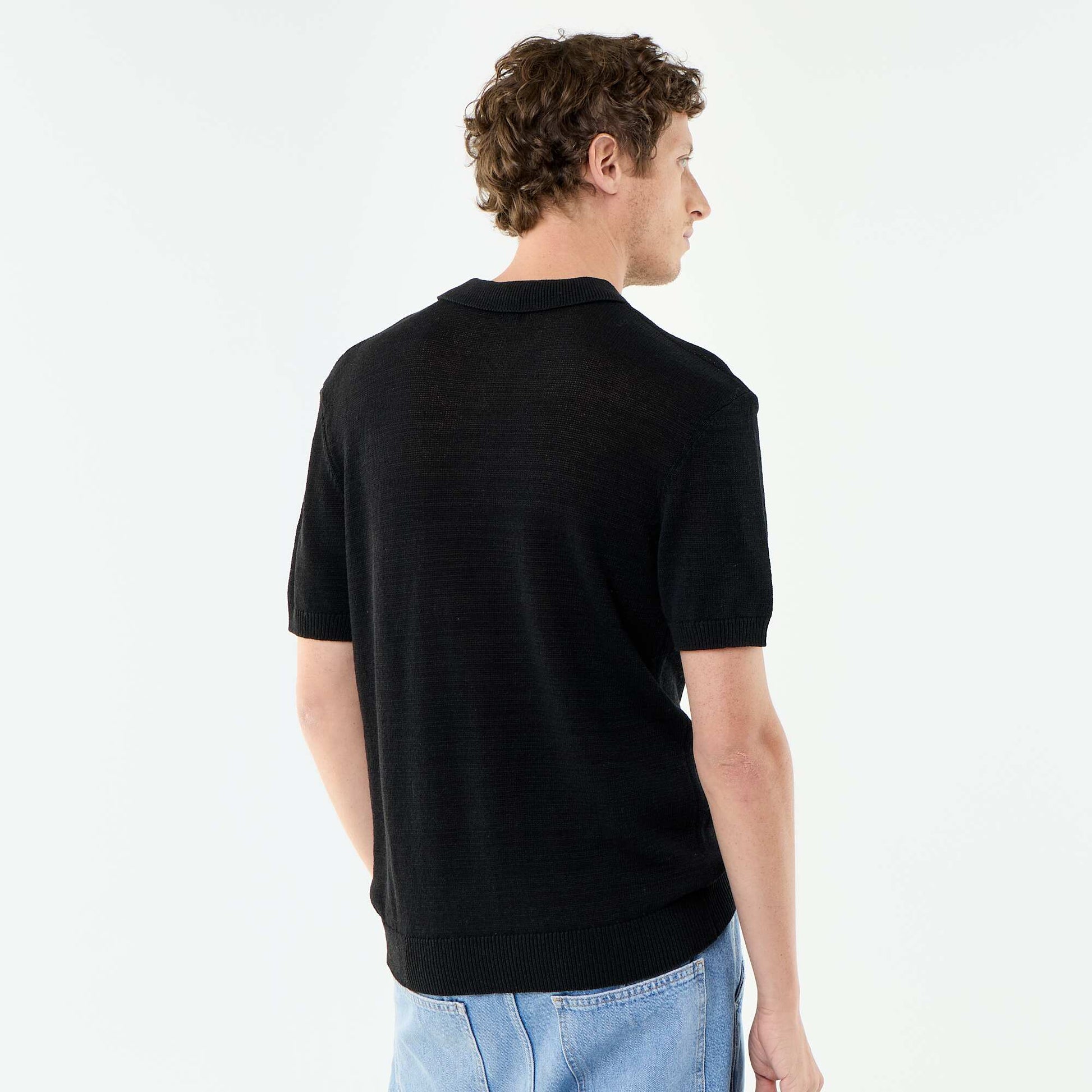 Short-sleeved openwork knit polo shirt BLACK